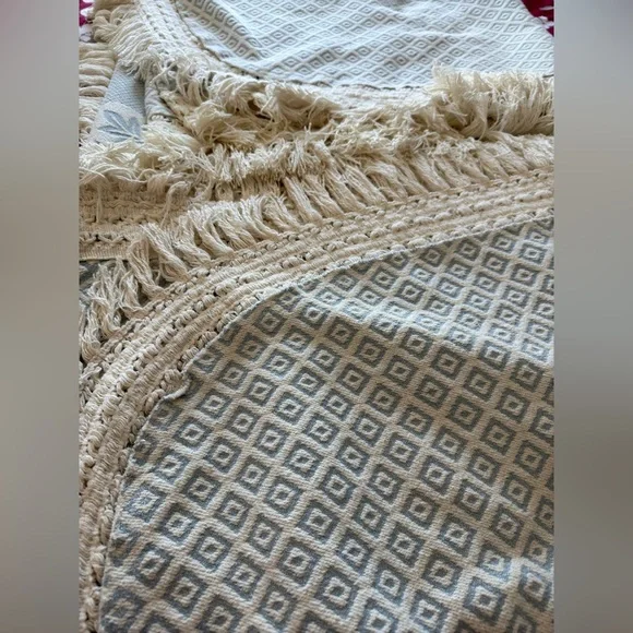 COTTON WOVEN KING BLUE CREAM 6” FRINGE MEDALLION BEDSPREAD 115x115” - Picture 4 of 8